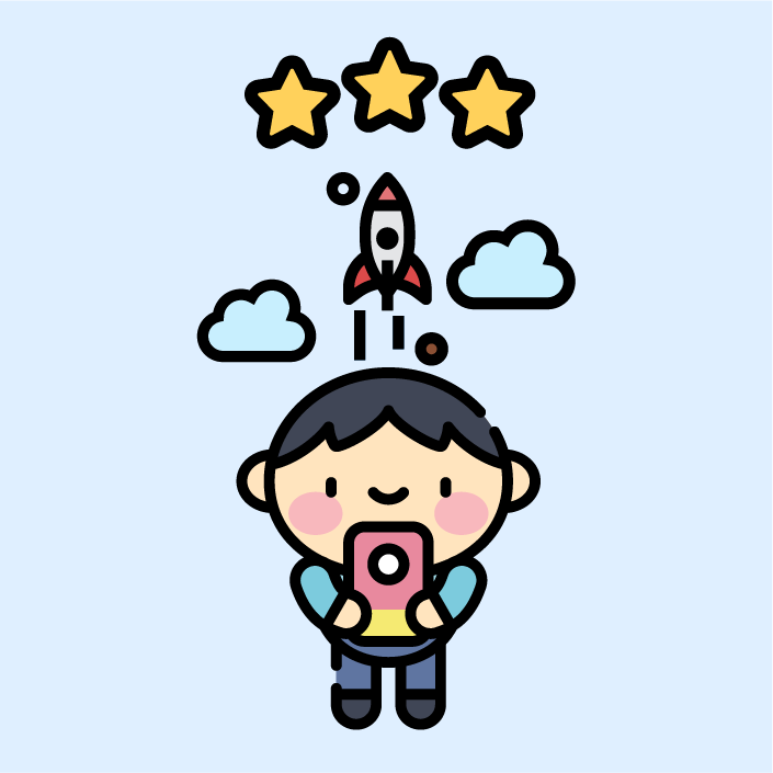 Cartoon child holding a tablet with a rocket launching above their head, surrounded by stars and clouds, symbolizing an action-packed learning adventure.